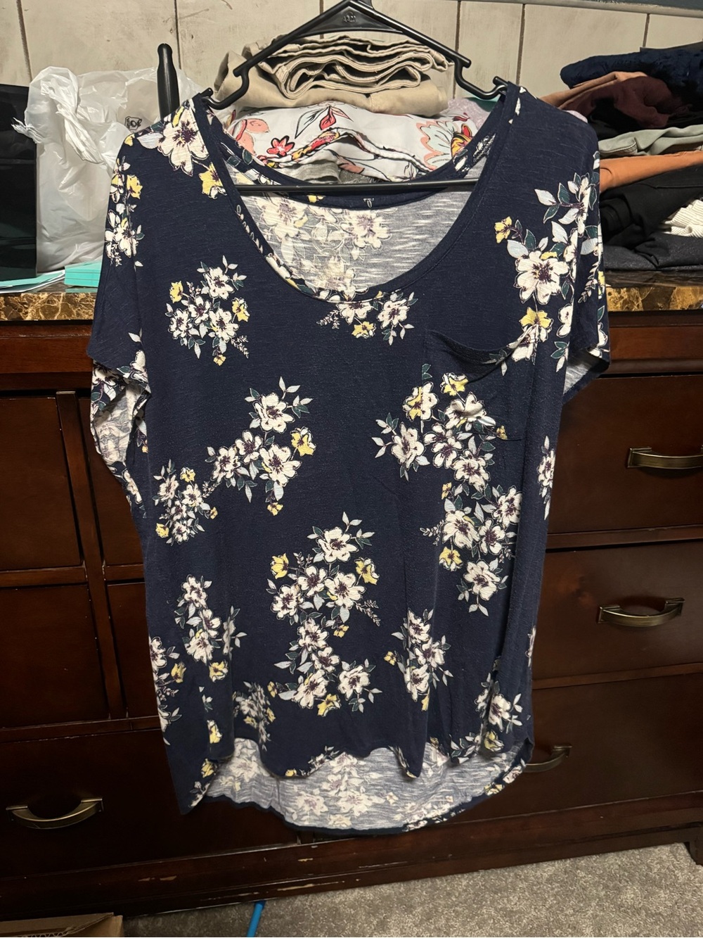 Maurices Navy Floral Short Sleeve Pocket Tee with Yellow Accents